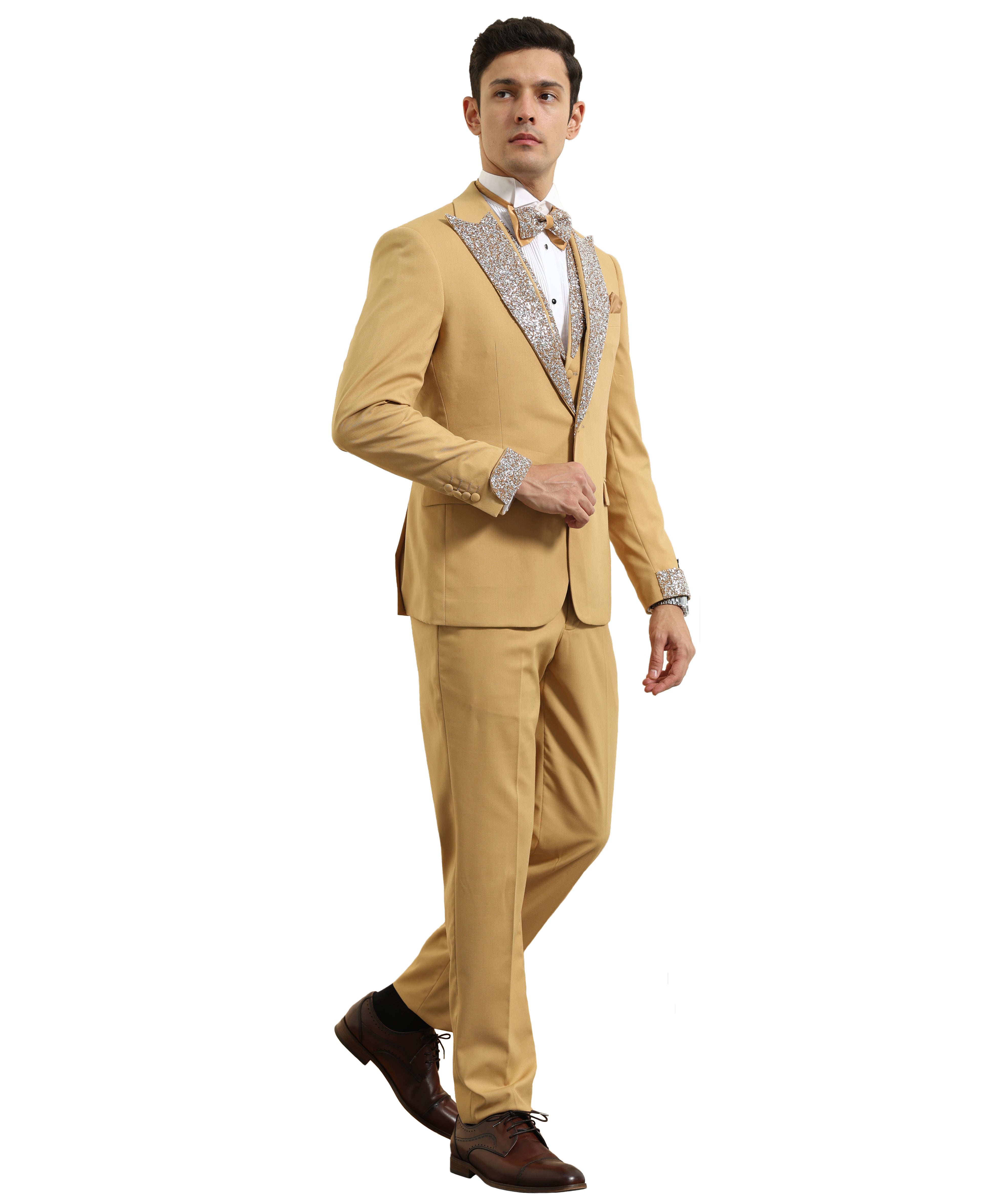 3 PC Solid Satin Rhinestone Peak Lapel Collared Vest Suit